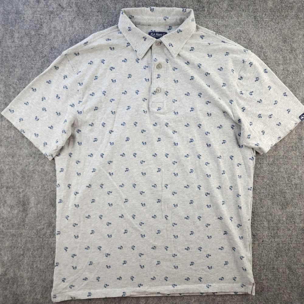 Fish Hippie‎ Polo Shirt Mens Medium Gray Geometric Beer Short Sleeve Pima Cotton